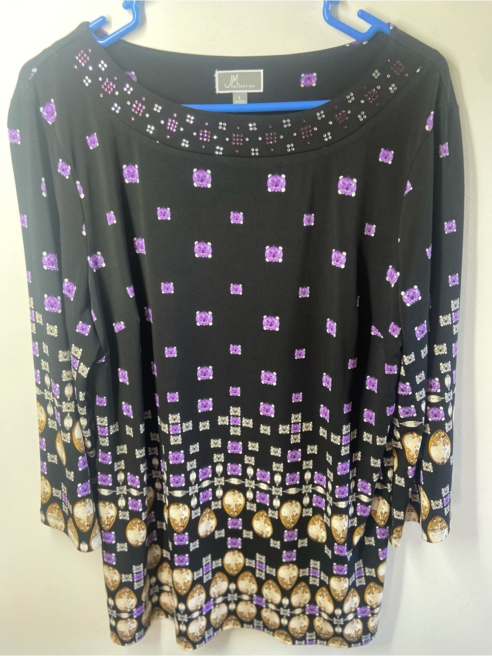 JM Collection Black Tunic with Purple & Gold Jewel Print